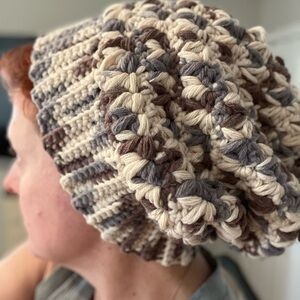 Chunky Knit Slouchy Beanie - Cream, Brown, and Gray
